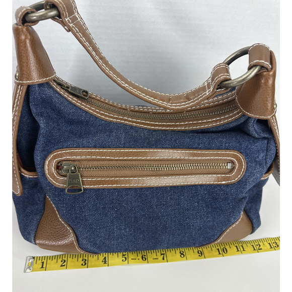Y2K Gap Jeans 1969 Denim Hobo Shoulder Bag Brown Leather Trim Brass Zip Purse - Picture 13 of 16